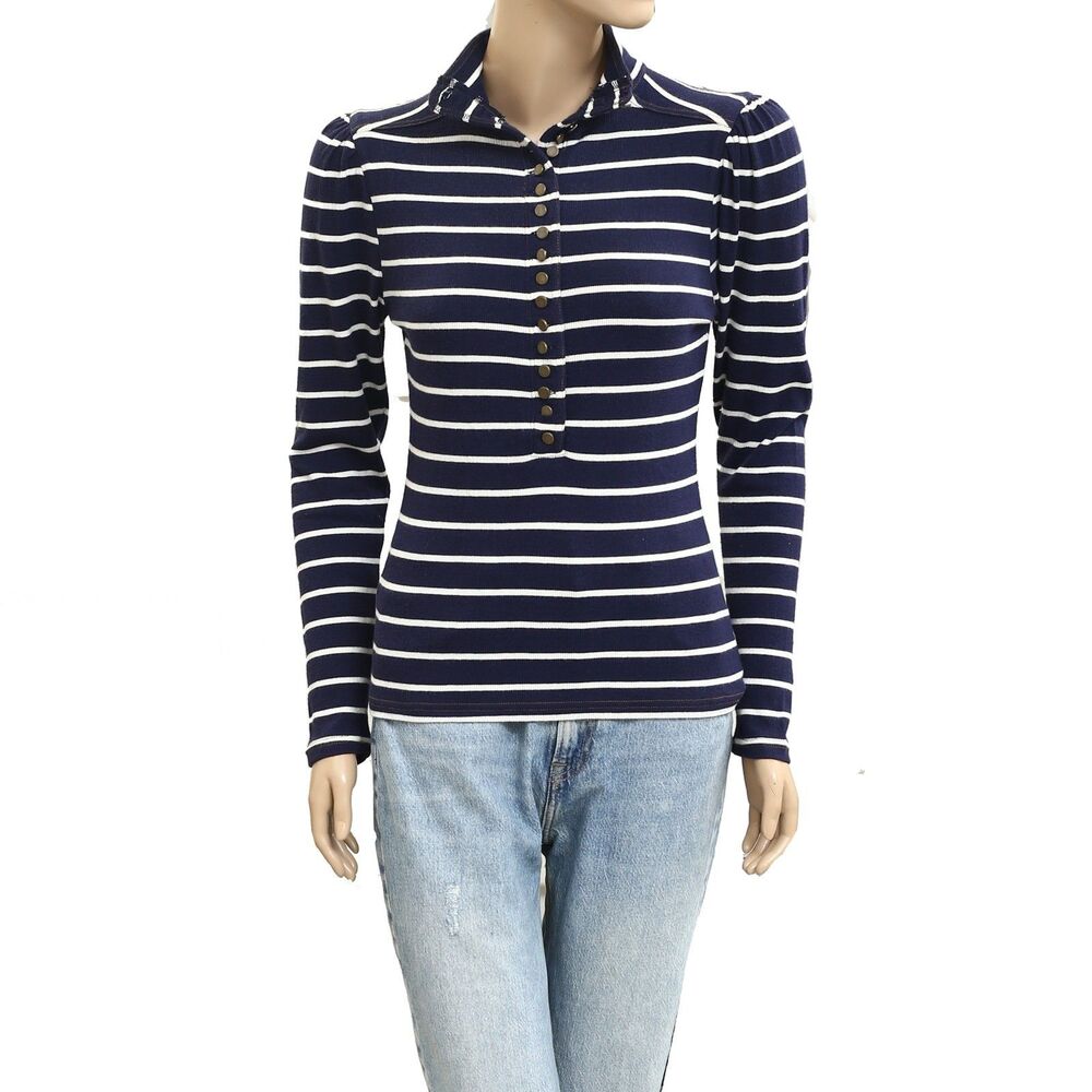 Anthropologie Pilcro Slim Striped Printed Puff Long-Sleeve Blouse Top S 282513